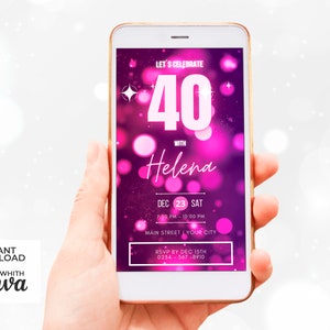 ビデオ招待状 40 歳または 15 歳のアニメーション誕生日デジタル編集可能な Canva | Whatsapp 女性記念日を送信するためのフクシア ピンクのグリッター背景