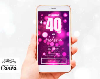 Video Invitation 40 or 15 years Animated Birthday Digital Editable Canva | Fuchsia Pink Glitter Background To Send Whatsapp Woman Anniversary