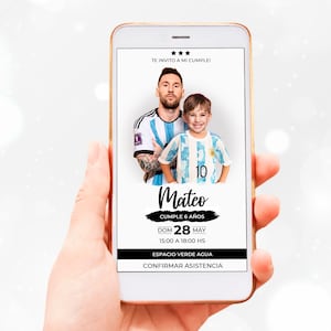 Digitale Karteneinladung zum Geburtstag von Lionel Messi für Jungen und Mädchen mit personalisiertem Foto, bereit zum Teilen per WhatsApp-Nachricht.