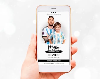May include: A mobile phone screen displaying a birthday invitation for Mateo's 6th birthday party. The invitation features a photo of Mateo and Lionel Messi wearing matching soccer jerseys. The invitation includes the date, time, and location of the party. The text on the invitation reads "Te invito a mi cumple!" which translates to "You're invited to my birthday!"