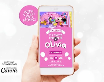 Digital Animated Video Invitation Boutique Minnie Mouse Birthday with Music T.V. Program | Easily Editable Canva Template | Download