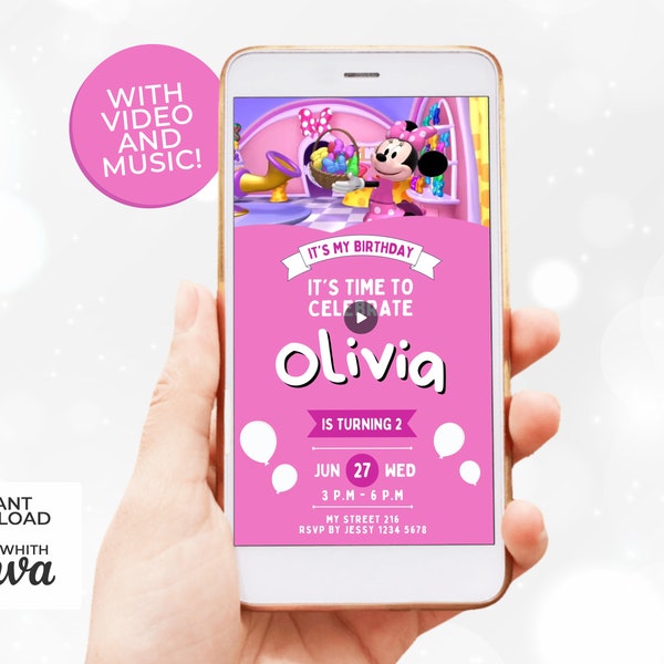 Digital Animated Video Invitation Birthday Boutique Minnie Mouse with Music T.V Program | Easily Editable Canva Template | Download