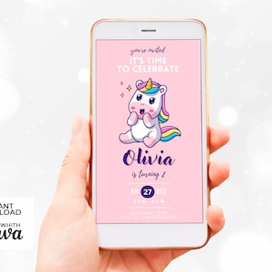 Invitación Digital Animada Cumpleaños Lindo Unicornio Rosa | Plantilla Canva Editable Descargable | Tarjeta Minimalista Niños Personalizable
