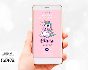 Cute Pink Unicorn Birthday Animated Digital Invitation | Downloadable Editable Canva Template | Customizable Minimalist Children's Card