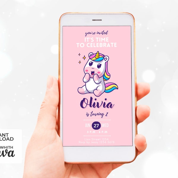 Invitación Digital Animada Cumpleaños Lindo Unicornio Rosa | Plantilla Canva Editable Descargable | Tarjeta Minimalista Niños Personalizable