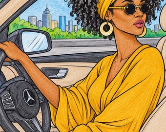 May include: A coloured pencil illustration of a person with dark curly hair wearing a yellow headwrap, round sunglasses, and large gold hoop earrings. They are driving a car with a Mercedes-Benz logo on the steering wheel, with a city skyline visible.