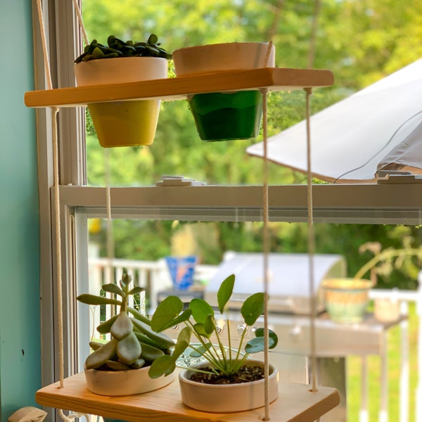 Hanging Plant Shelf 14 inch | Floating Plant Shelf | 2 Tier Plant Shelf | Indoor Herb Garden | Hanging Herb Garden | Kitchen Window Decor |