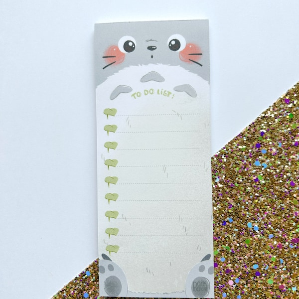 1 notepad - Kawaii notes - fluffy - forest spirit - Kawaii art - leaves - gray - stationery - stationery - to do list - 1 notepad