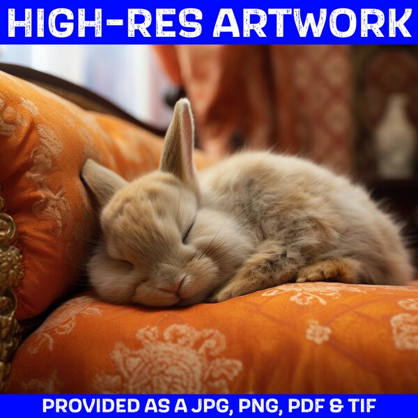 Cute Brown Rabbit Snoozing on Orange Sofa - Photorealistic Pet Portrait in the style of a Stock Photo