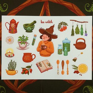 Adesivos de bruxa do chá | Adesivos de chá de ervas bruxas com frutas vermelhas, ervas, canecas, bules | Adesivos de planejador de cottagecore e bruxaria