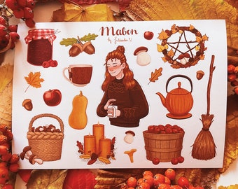 Mabon Sticker Sheet (Wicca, Witchcraft, Wheel of the Year, Planner Stickers, Grimoire, Book of Shadows, Cottagecore, Wiccan Sabbat, Autumn)