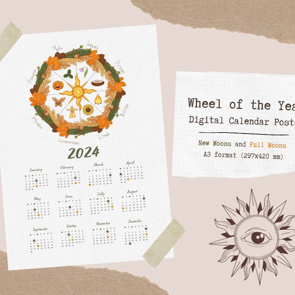 Digital Calendar 2024 Poster "Wheel of the Year" (Instant Download, Lunar Calendar, Wicca, Yule, Christmas, New Year, Print, Wreath)