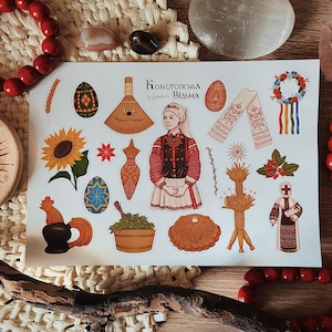 Stickers sorcières ukrainiennes (ethniques, vêtements traditionnels ukrainiens, symboles, plantes, couronne, œufs de Pâques, slave)