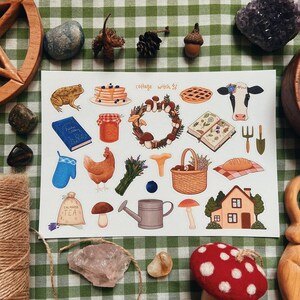 Adesivos de bruxa de chalé | Adesivos com vaca, sapo, galinha, ervas, flores, cogumelos e comida aconchegante | Decoração de planejador de bruxa de chalé