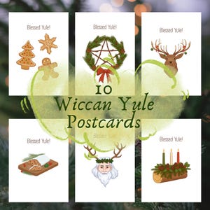 May include: Set of ten Wiccan Yule postcards. Each card features festive illustrations, including a gingerbread man, a deer with ornaments, a wreath with a pentagram, and a Yule log with candles. The text "Blessed Yule!" appears on each card.