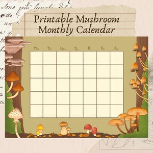 Printable Mushroom Monthly Calendar | Cottagecore Digital Calendar | Goblincore Wall Art