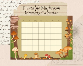 Printable Mushroom Monthly Calendar | Cottagecore Digital Calendar | Goblincore Wall Art