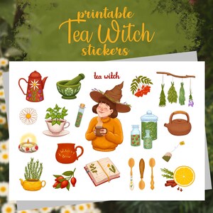 Adesivos imprimíveis de bruxa do chá | Adesivos de chá de ervas de bruxa com frutas vermelhas, ervas, canecas, bules | Adesivos de planejador de cottagecore e bruxaria