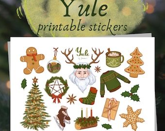 Può includere: Una collezione di adesivi stampabili a tema Yule. Gli adesivi includono un omino di pan di zenzero, un albero di Natale, una tazza di cioccolata calda, un maglione, un fiocco di neve e un regalo. Il testo "Yule printable stickers" è in alto.