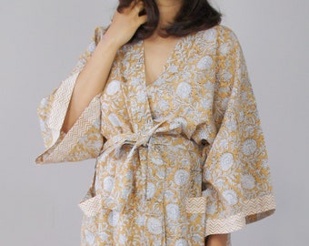 Dressing Gown "HINA" by Amaari, brown-white, floral, handmade, cotton, loungewear, coat, maternity wear, vacation, summer,