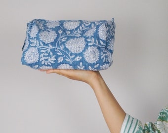 Cosmetic bag ''MALA'', toiletry bag, gift, Christmas, pouch bag, bag, fabric bag, hand block printing, blue and white