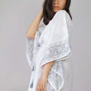 Kaftan &quot;MELLI&quot; da Amaari, cinza / branco, algodão, loungewear, bohochic, praia, despedida de solteira, vestido de verão, férias, roupa de maternidade