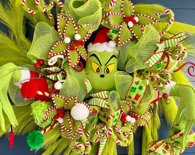 Whimsical Giant Grinch Inspired Wreath, Christmas Green Grinch Wreath
