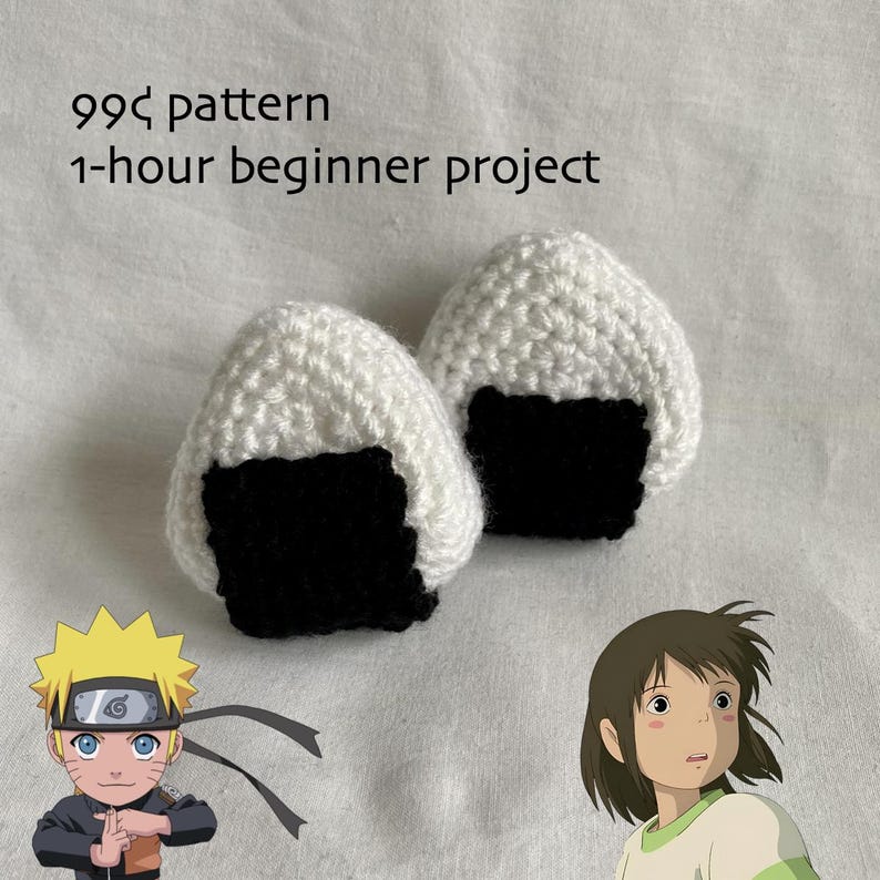 May include: Two white crocheted onigiri, a Japanese rice ball, with black filling. The text "99&cent; pattern 1-hour beginner project" is above the onigiri.
