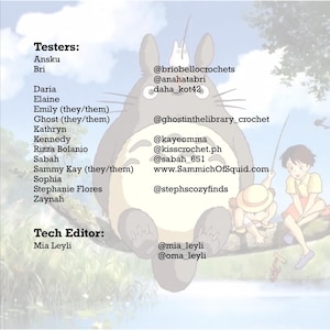 May include: An image featuring a cartoon illustration of Totoro with text listing testers and a tech editor. The text includes names and social media handles. The background is a soft blue sky with a few trees.