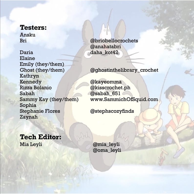 May include: An image featuring a cartoon illustration of Totoro with text listing testers and a tech editor. The text includes names and social media handles. The background is a soft blue sky with a few trees.