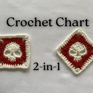 Peut inclure: Deux carrés au crochet avec un motif de crâne. Les crânes sont blancs, entourés de rouge et encadrés de blanc. Le texte "Crochet Chart" et "2-en-1" sont au-dessus et en dessous des carrés.
