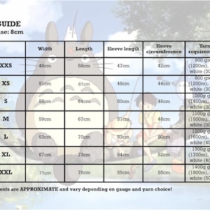 May include: A sizing guide chart with measurements for various sizes, including width, length, sleeve length, and sleeve circumference in centimeters. The chart also lists yarn requirements in grams and meters. The background features a cartoon character.