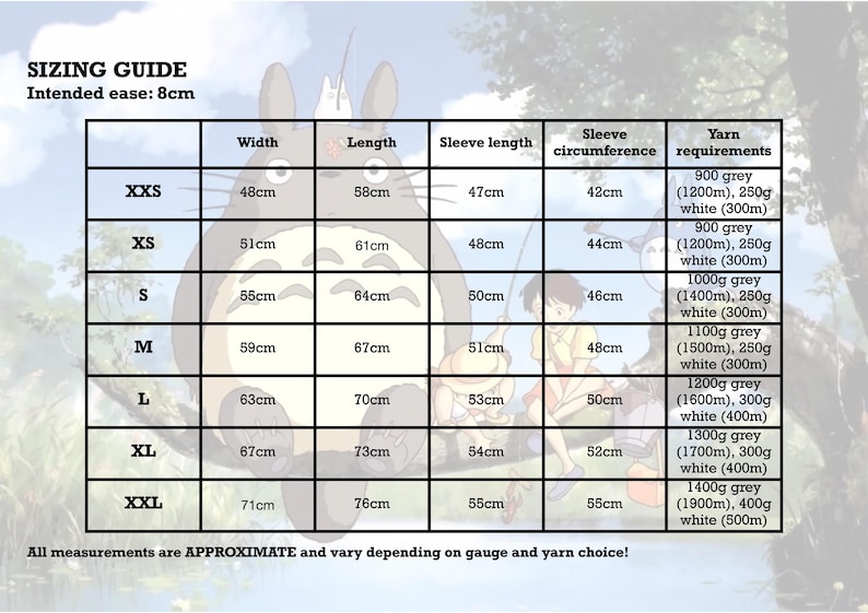 May include: A sizing guide chart with measurements for various sizes, including width, length, sleeve length, and sleeve circumference in centimeters. The chart also lists yarn requirements in grams and meters. The background features a cartoon character.