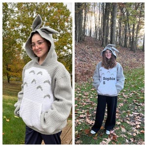 May include: A gray and white crochet hoodie with a hood featuring bunny ears. The front of the hoodie has a white panel with a design. The hoodie has a kangaroo pocket. The text "Sophia S" is on the front.