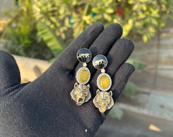 Lion Jaguar Kundan Moissanite Dangle Earrings, Indian Jewelry