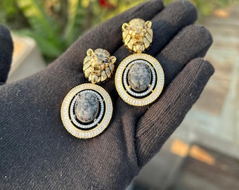 Lion Jaguar Moissanite Kundan Earrings, Indian Bollywood Jewelry