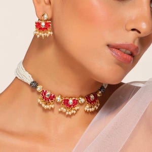 Lange Perlenkette Set: Indischer Bollywood Schmuck