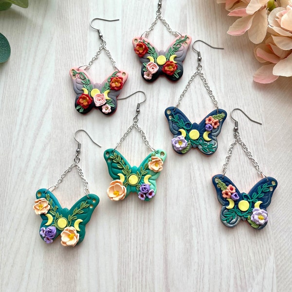 Floral butterfly polymer clay earrings, fairycore jewelry, floral earrings, botanical clay earrings, moth earrings