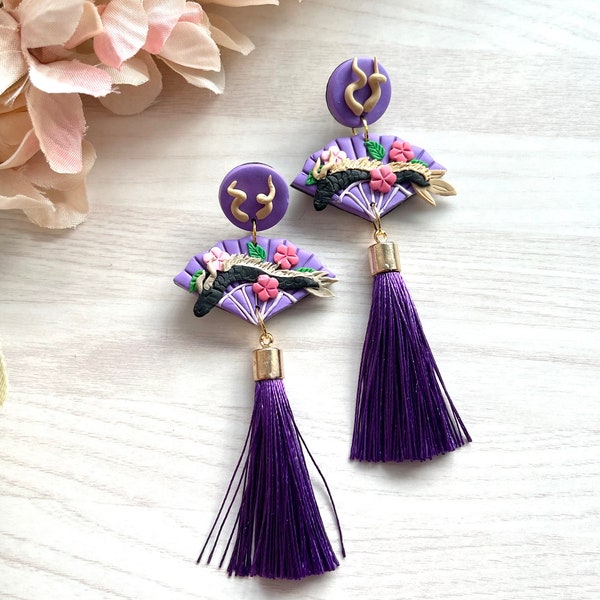 Dragon earrings for women, polymer clay fan earrings, tassel earrings, Asian style jewelry, birthday gift for daughter