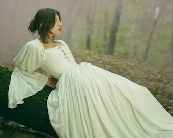 Renaissance dress, white dress with lacing on the front, wedding dress