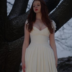 May include: A cream-colored dress with a fitted bodice and a flowing skirt. The dress has a sweetheart neckline and cap sleeves. The background features a large tree trunk and a snowy landscape.