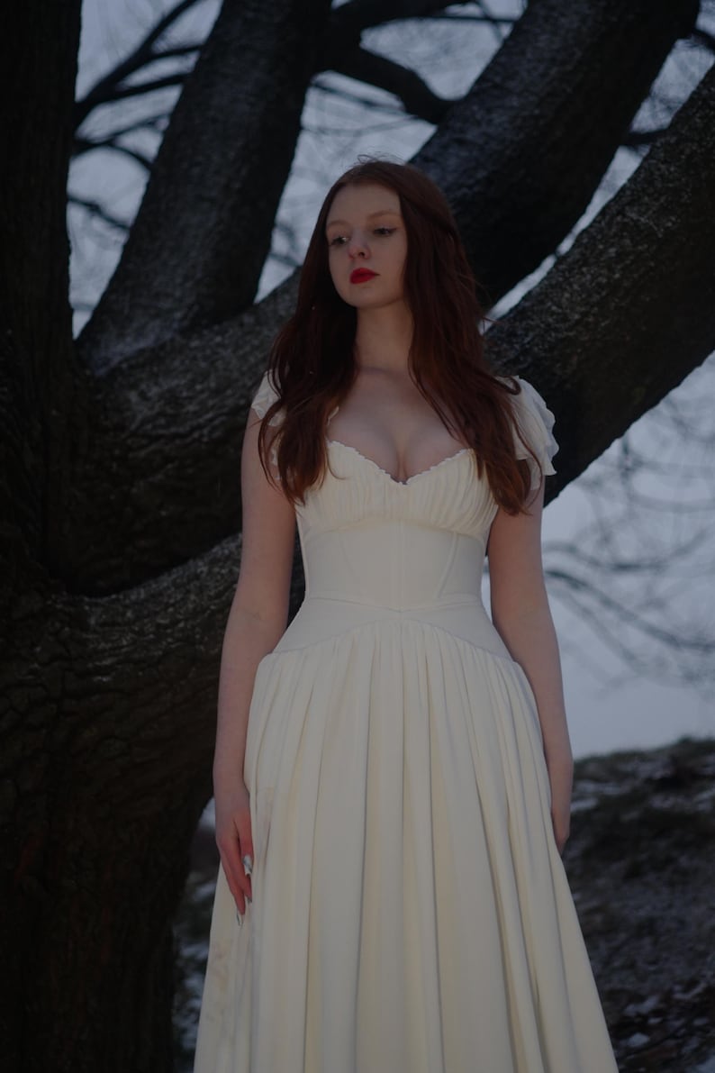 May include: A cream-colored dress with a fitted bodice and a flowing skirt. The dress has a sweetheart neckline and cap sleeves. The background features a large tree trunk and a snowy landscape.