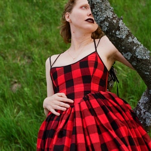 reversible midi dress, plaid dress, red corset dress image 1