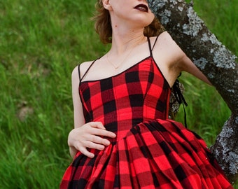 reversible midi dress, plaid dress, red corset dress