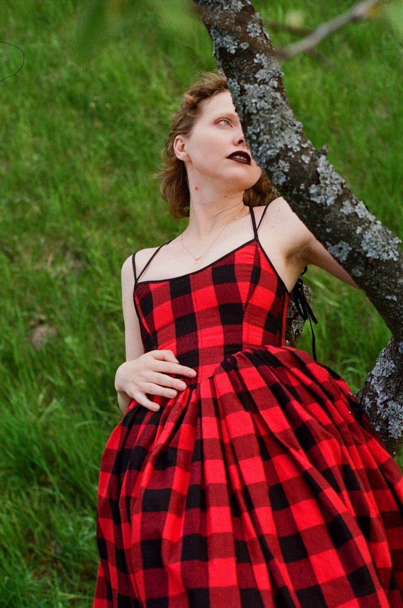 reversible midi dress, plaid dress, red corset dress image 1