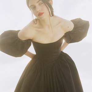 Black dress with puff sleeves, fairy core corset, reversible dress