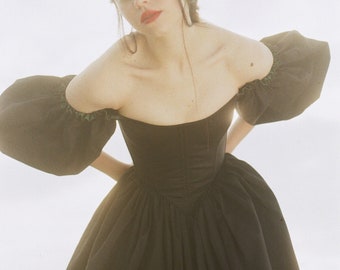 Black dress with puff sleeves, fairy core corset, midi dress
