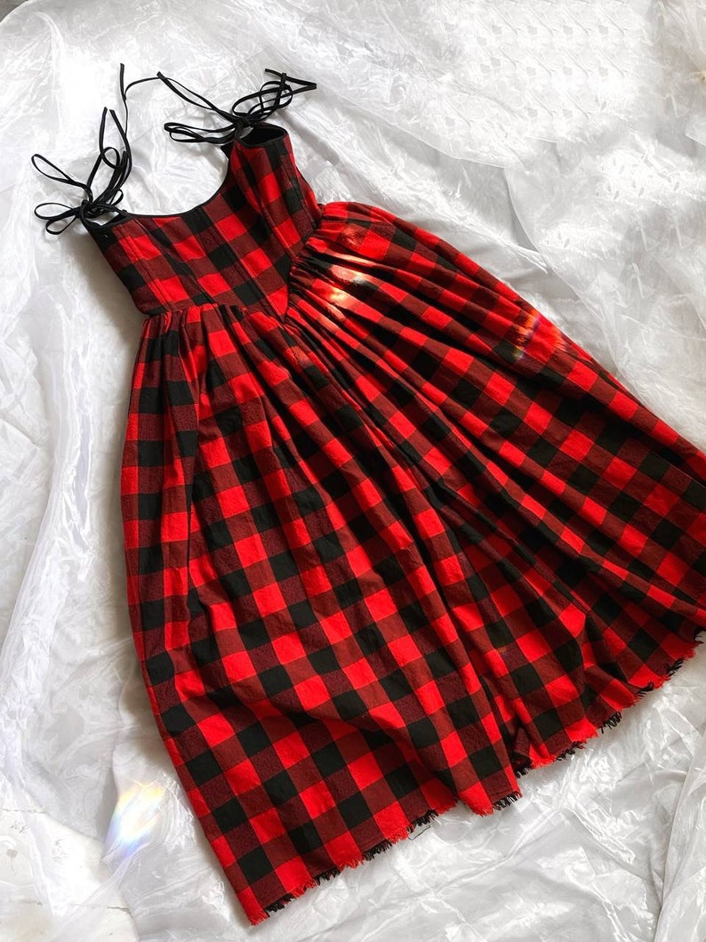 reversible midi dress, plaid dress, red corset dress image 10