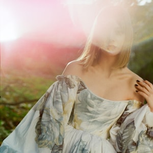 corset dress with big puff sleeves, floral print dress, cottage core dress