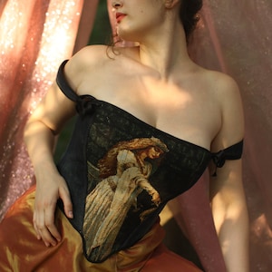 Reversible tapestry corset with accolade painting, medieval corset, gothic corset image 9